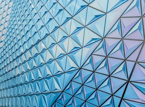 Geometric modern facade with blue pattern for architectural Easter theme
